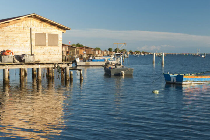 fishing huts and boats at scardovari lagoon, rovigo, italy