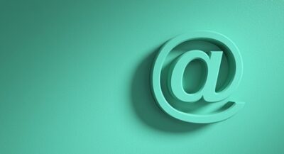email sign on green wall background, banner, copy space. 3d illustration