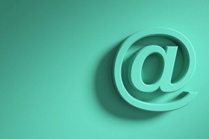 email sign on green wall background, banner, copy space. 3d illustration