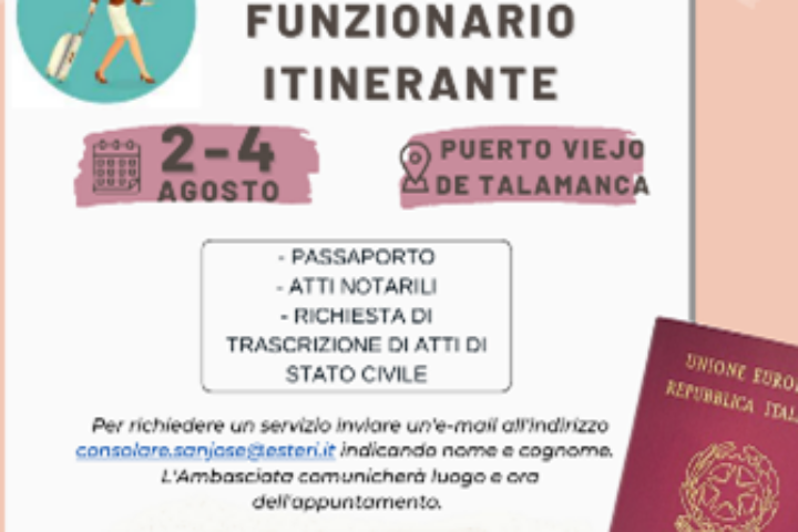 costa rica ambasciata italiana dal 2 al 4 agosto funzionario a puerto viejo de talamanca per passaporti atti notarili atti di stato civile immagine1 413x223