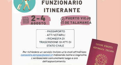 costa rica ambasciata italiana dal 2 al 4 agosto funzionario a puerto viejo de talamanca per passaporti atti notarili atti di stato civile immagine1 413x223