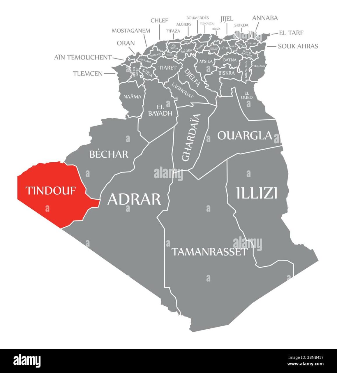 tindouf rosso evidenziato sulla mappa dell algeria 2bnb457