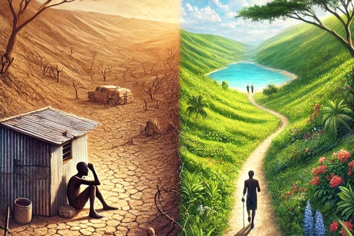 dall·e 2025 01 13 11.14.29 a symbolic representation of the contrast between haiti and the dominican republic. on the left side, depict a barren, arid land symbolizing haiti, wi