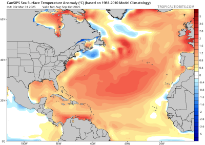 forecasted sst anomalies in the atlantic for august october 2025 according to the cansips model