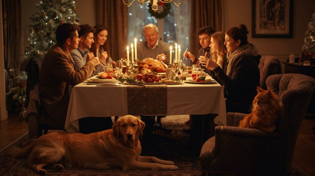 tavola di natale con persone due cani e un gatto 1024x573