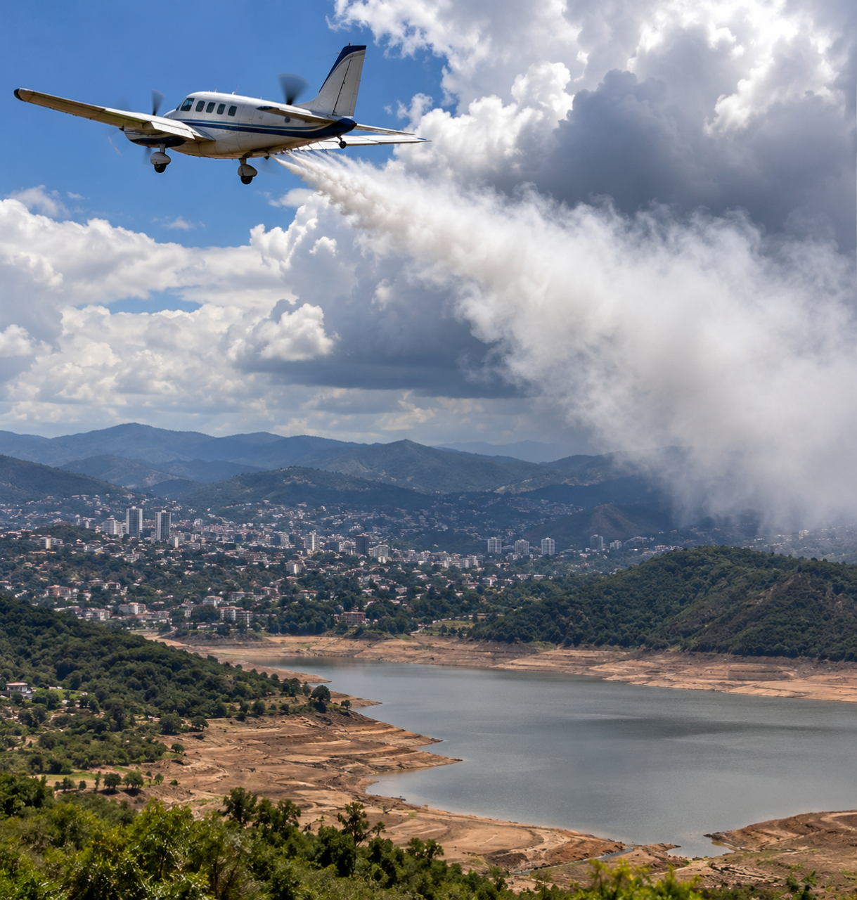 avión sembrador sobre valle y embalse