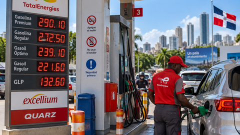 gasolinera urbana con bandera dominicana