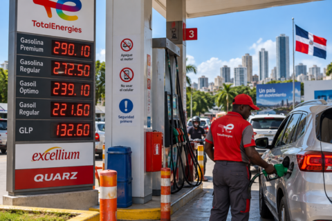 gasolinera urbana con bandera dominicana