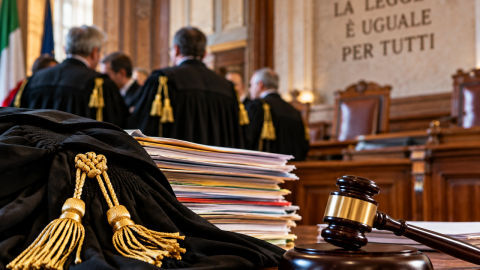 giustizia tra toghe, documenti e martello ghiacciato