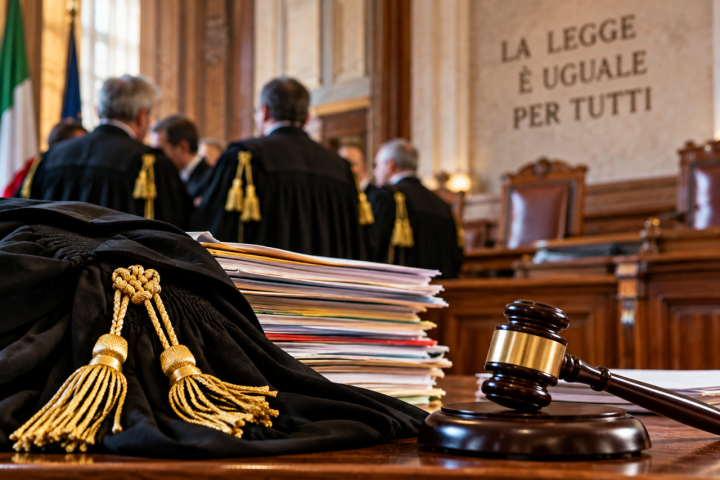 giustizia tra toghe, documenti e martello ghiacciato