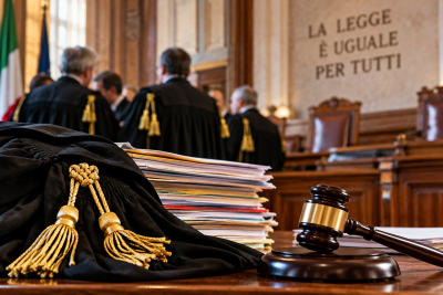 giustizia tra toghe, documenti e martello ghiacciato