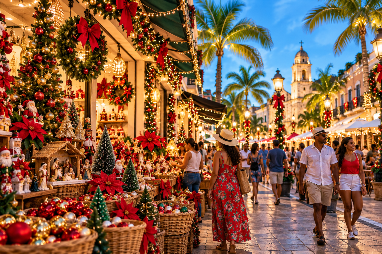 mercado navideño tropical en ciudad colonial