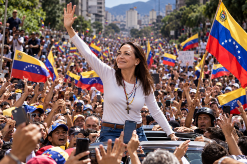 mujer saludando entre banderas venezolanas