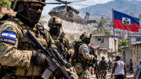 operación militar entre ruinas y banderas