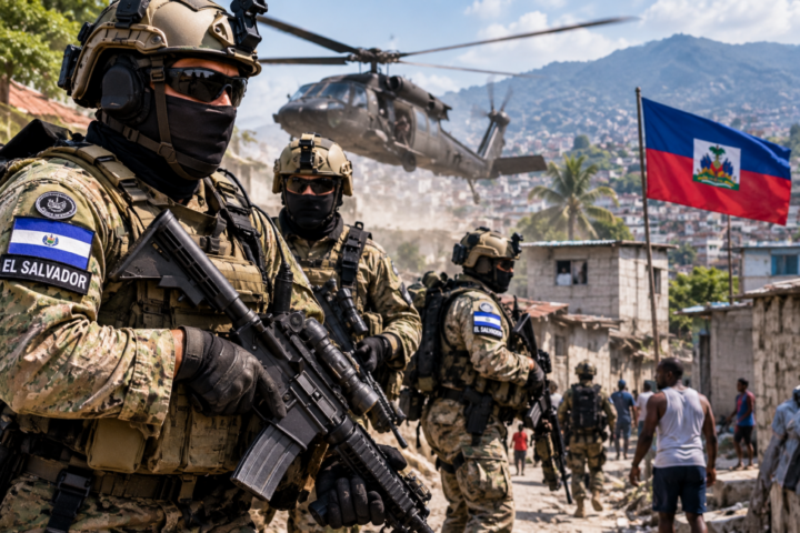 operación militar entre ruinas y banderas