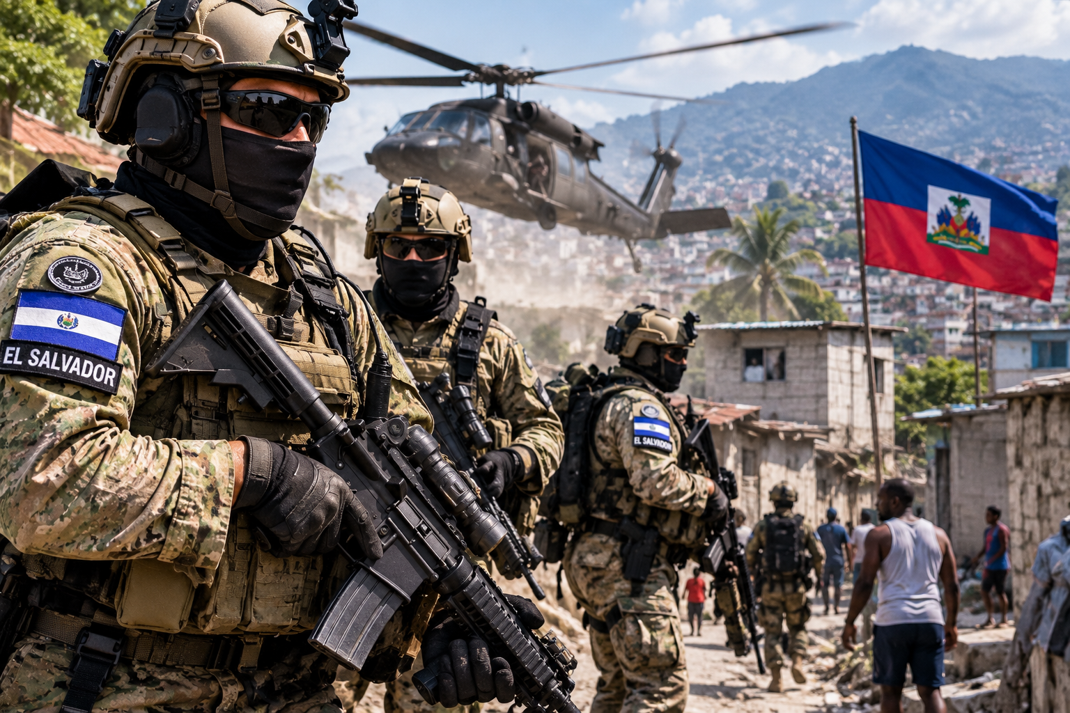 operación militar entre ruinas y banderas